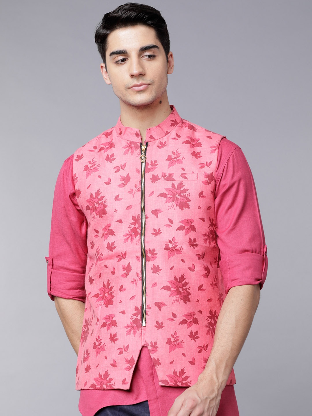 

Svanik Men Pink Slim Fit Printed Nehru Jacket