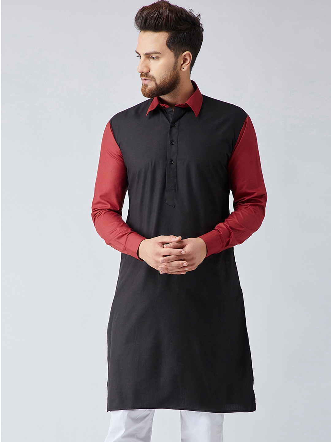 

SOJANYA Men Black & Maroon Colourblocked Pathani Kurta