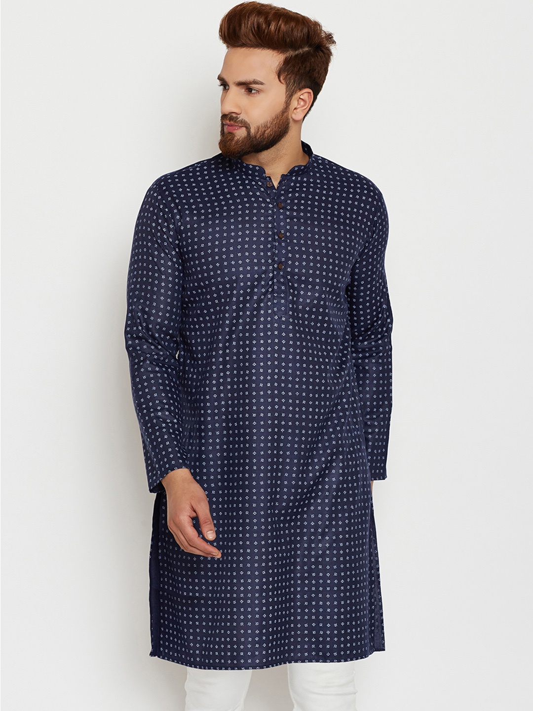 

SOJANYA Men Navy Blue & Off-White Printed Straight Kurta