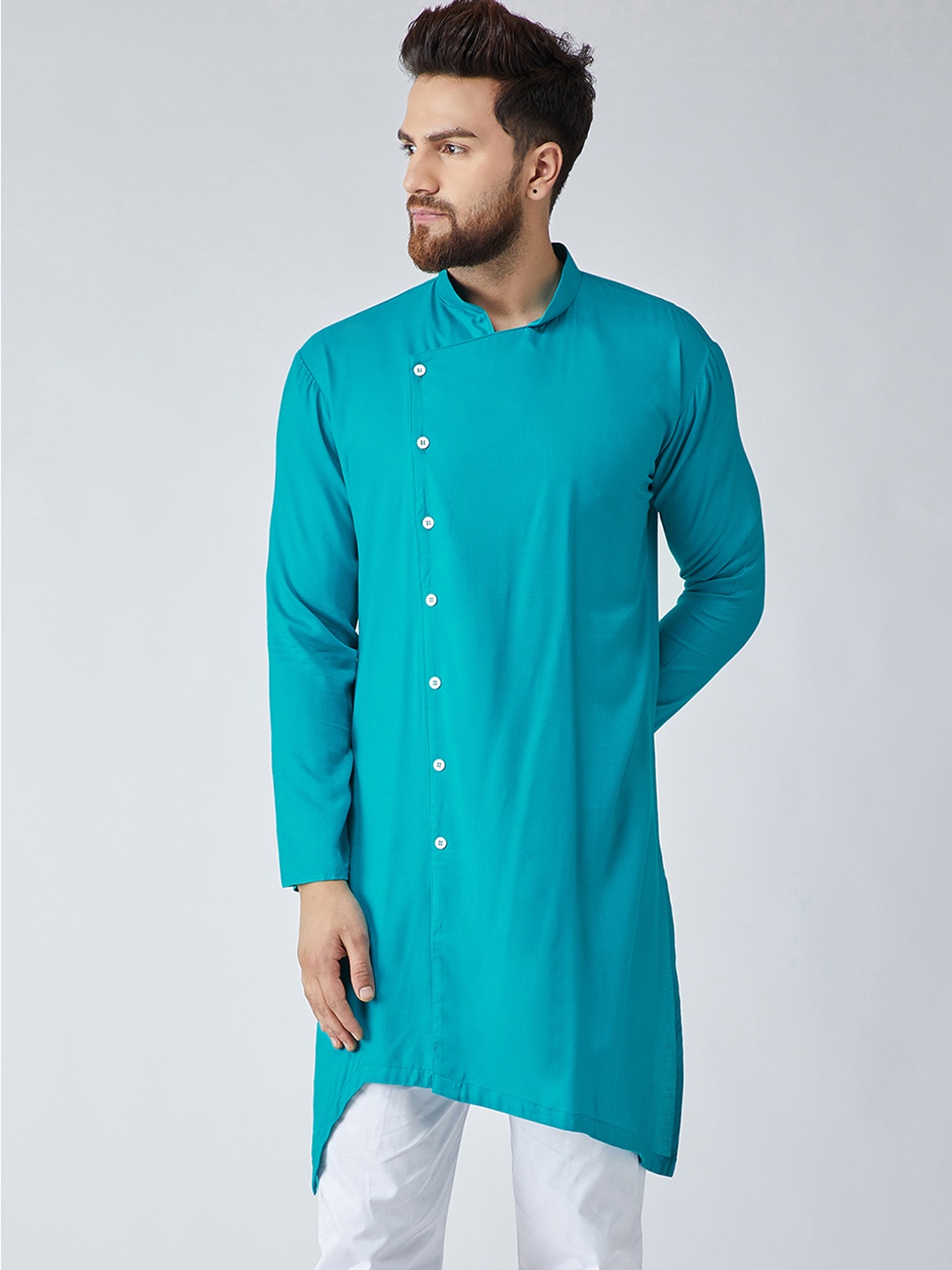 

SOJANYA Men Turquoise Blue Solid Asymmetric Straight Kurta