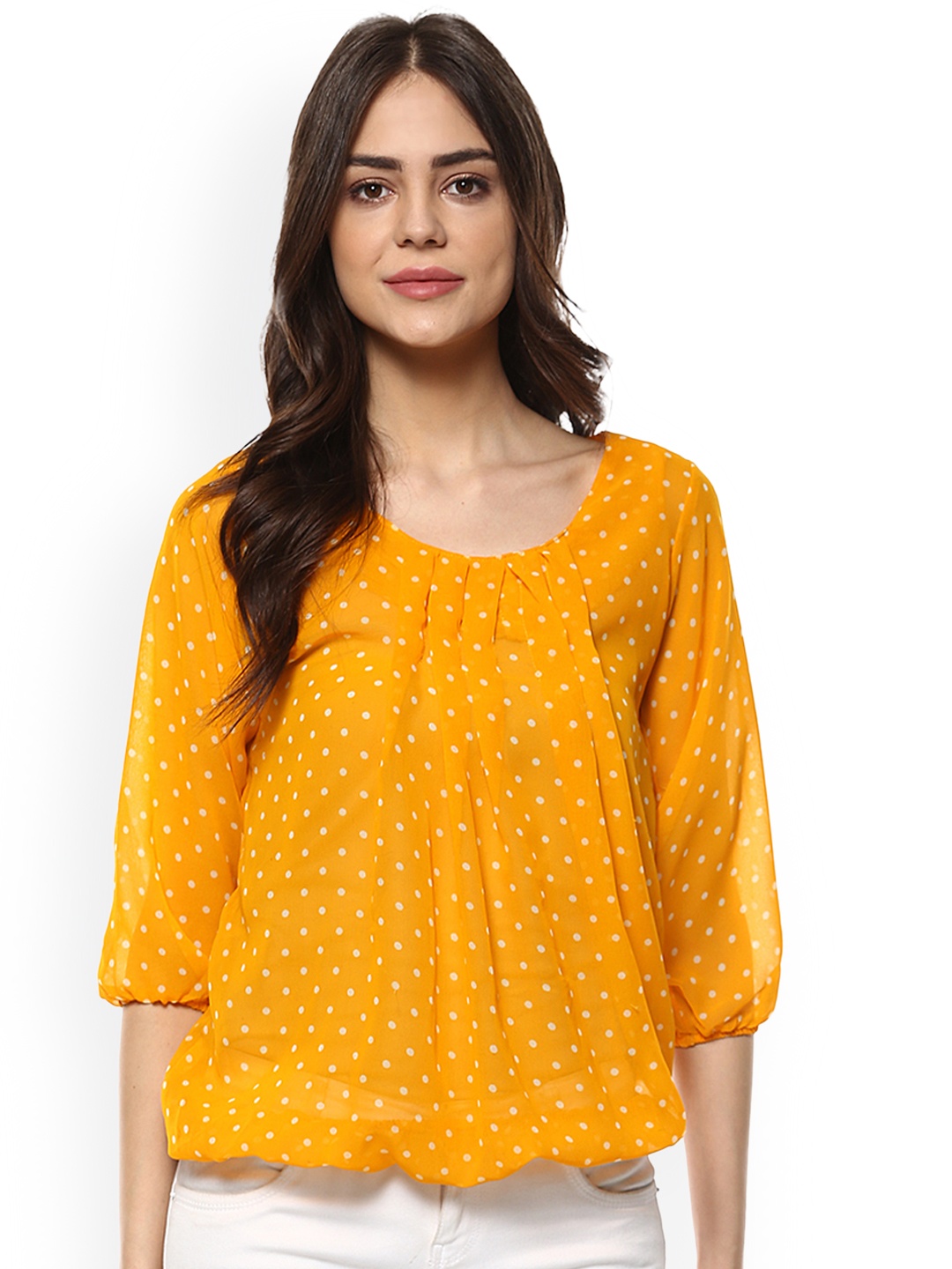 

Mayra Women Yellow Printed Blouson Top