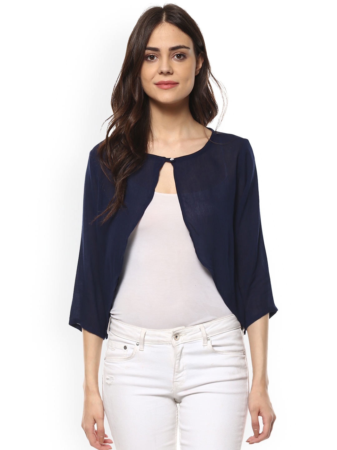 

Mayra Navy Blue Solid Open Front Shrug