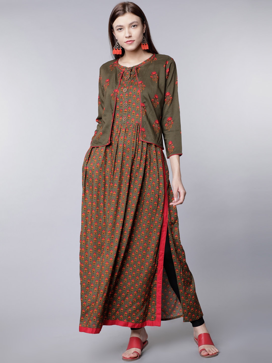 

Vishudh Women Olive Green Printed A-Line Kurta with Jacket