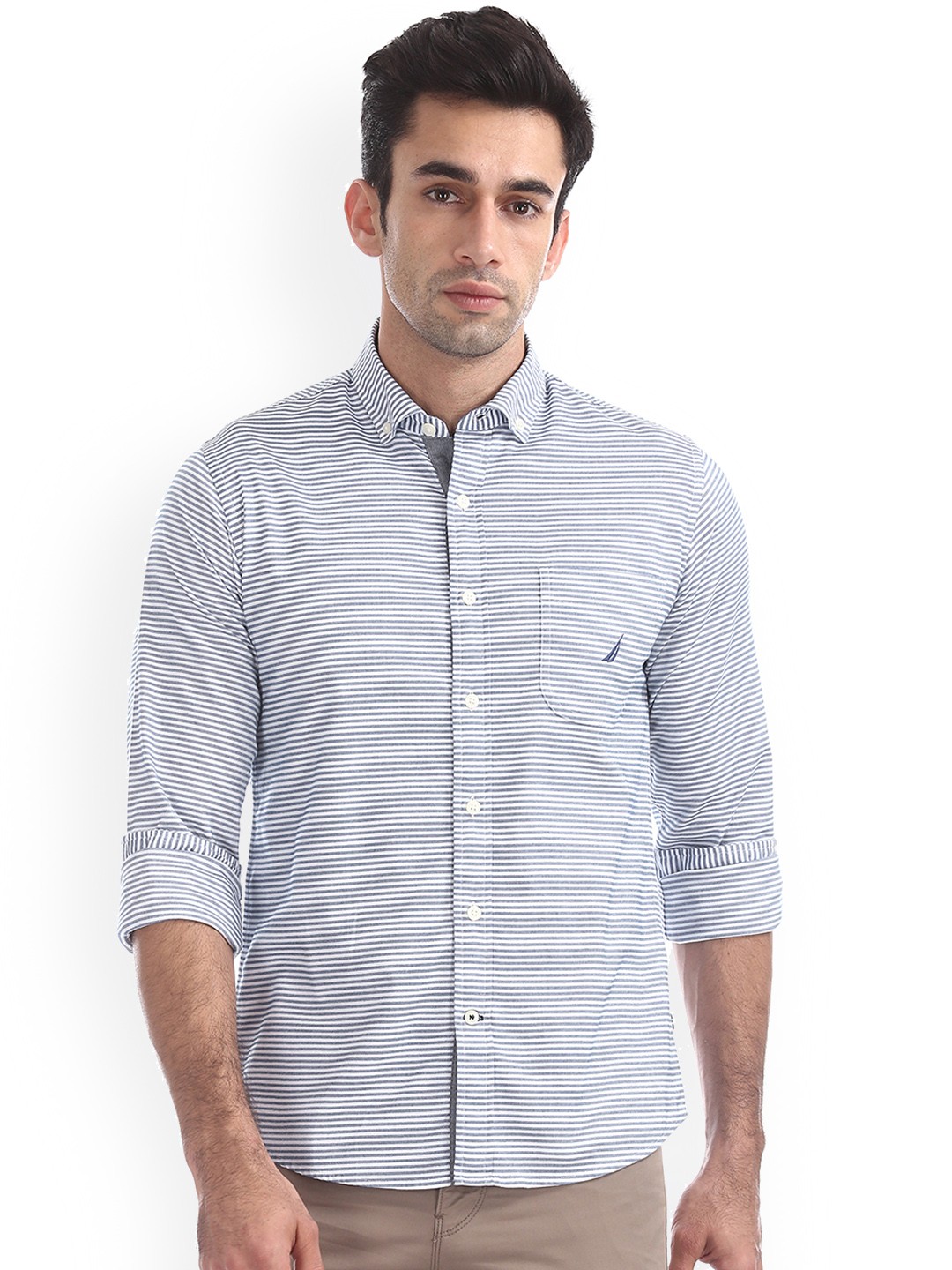 

Nautica Men Blue & White Regular Fit Striped Casual Shirt