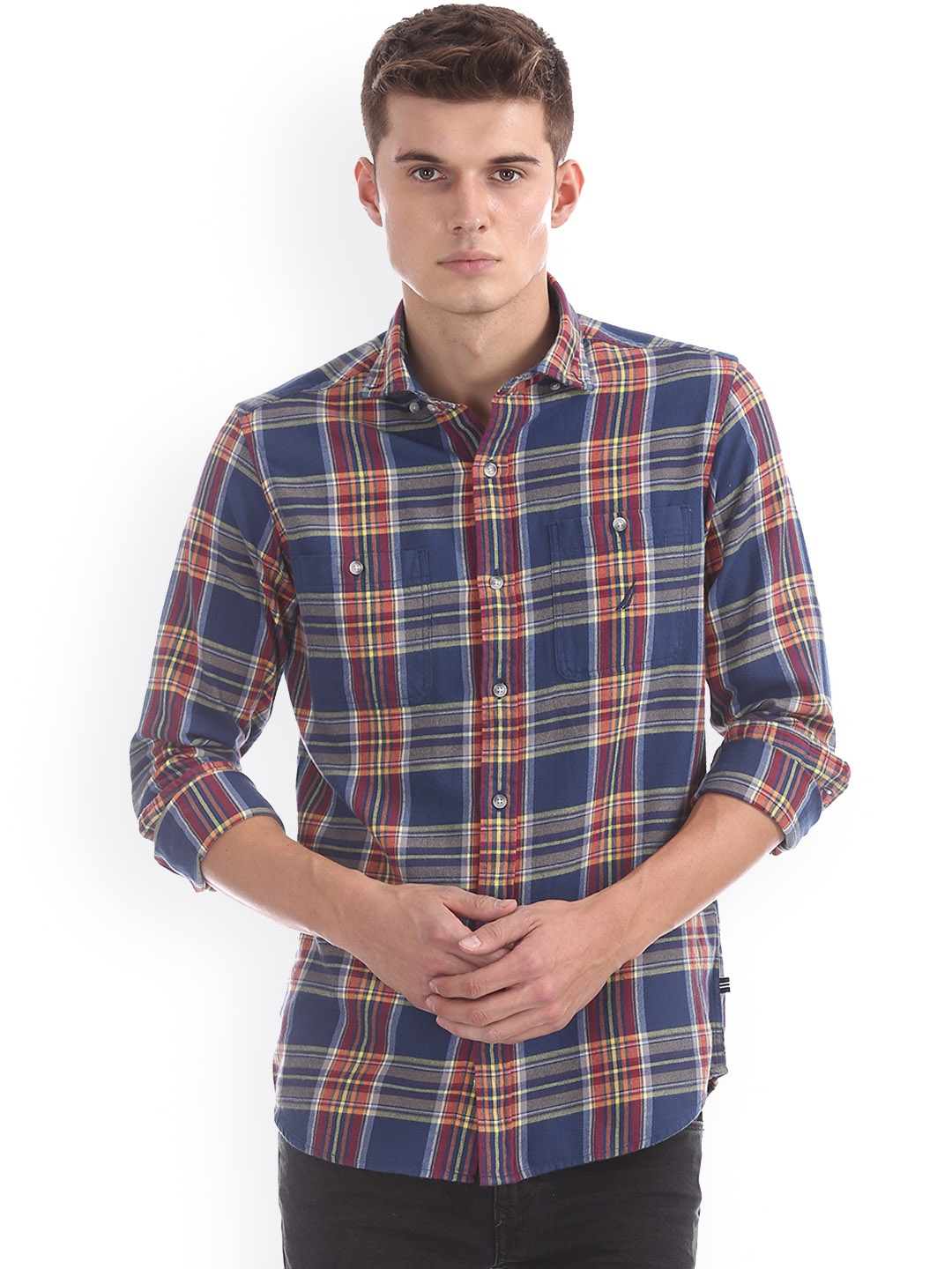 

Nautica Men Blue & Red Regular Fit Checked Casual Shirt