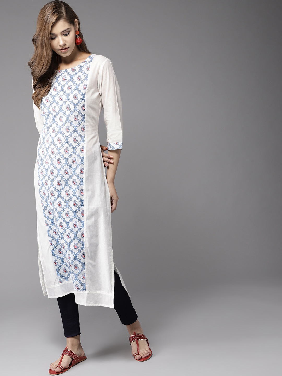 

HERE&NOW Women White & Blue Printed Straight Kurta