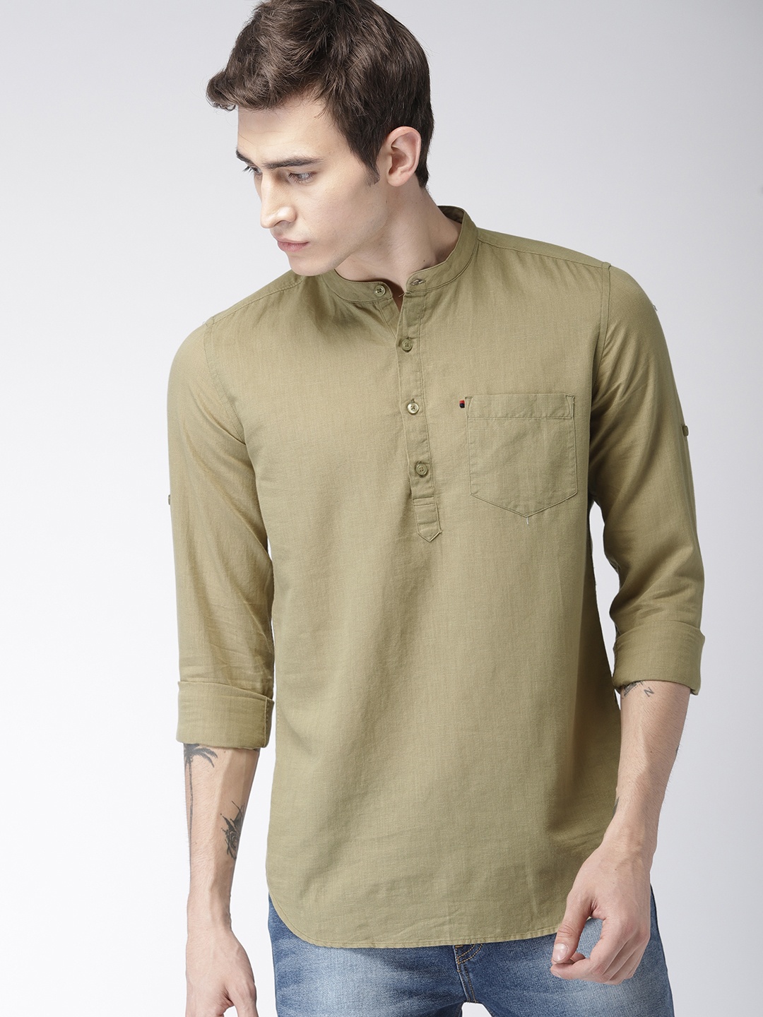 

HIGHLANDER Men Olive Brown Slim Fit Solid Cotton Linen Casual Shirt