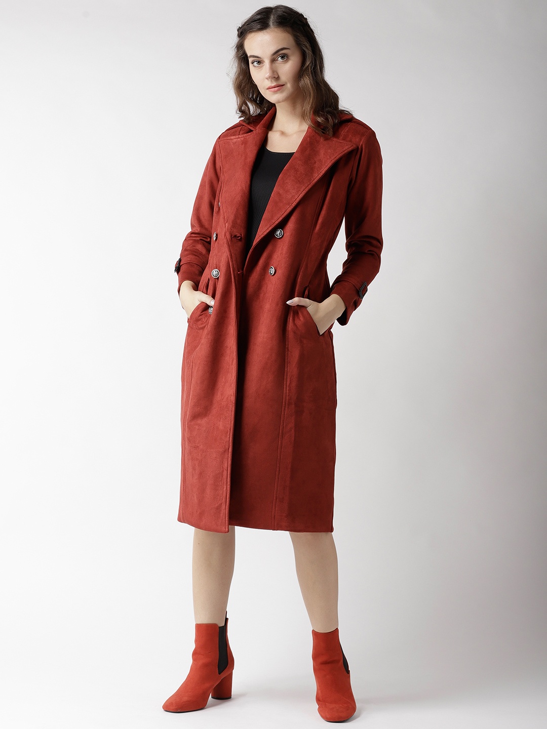 

WoowZerz Women Rust Red Solid Suede Finish Slim Fit Longline Overcoat