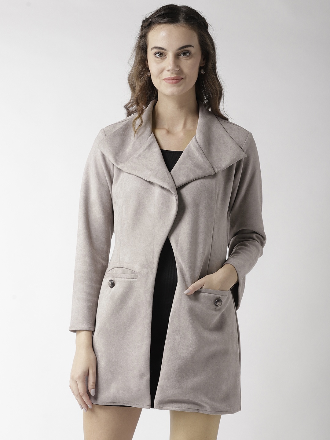 

WoowZerz Women Taupe Solid Front-Open Slim Fit Suede Overcoat