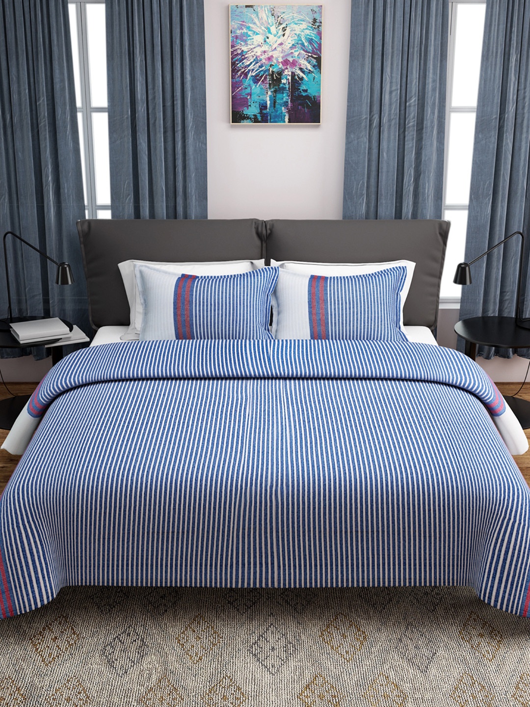 

ROMEE Blue & White Cotton Striped Double Bed Cover