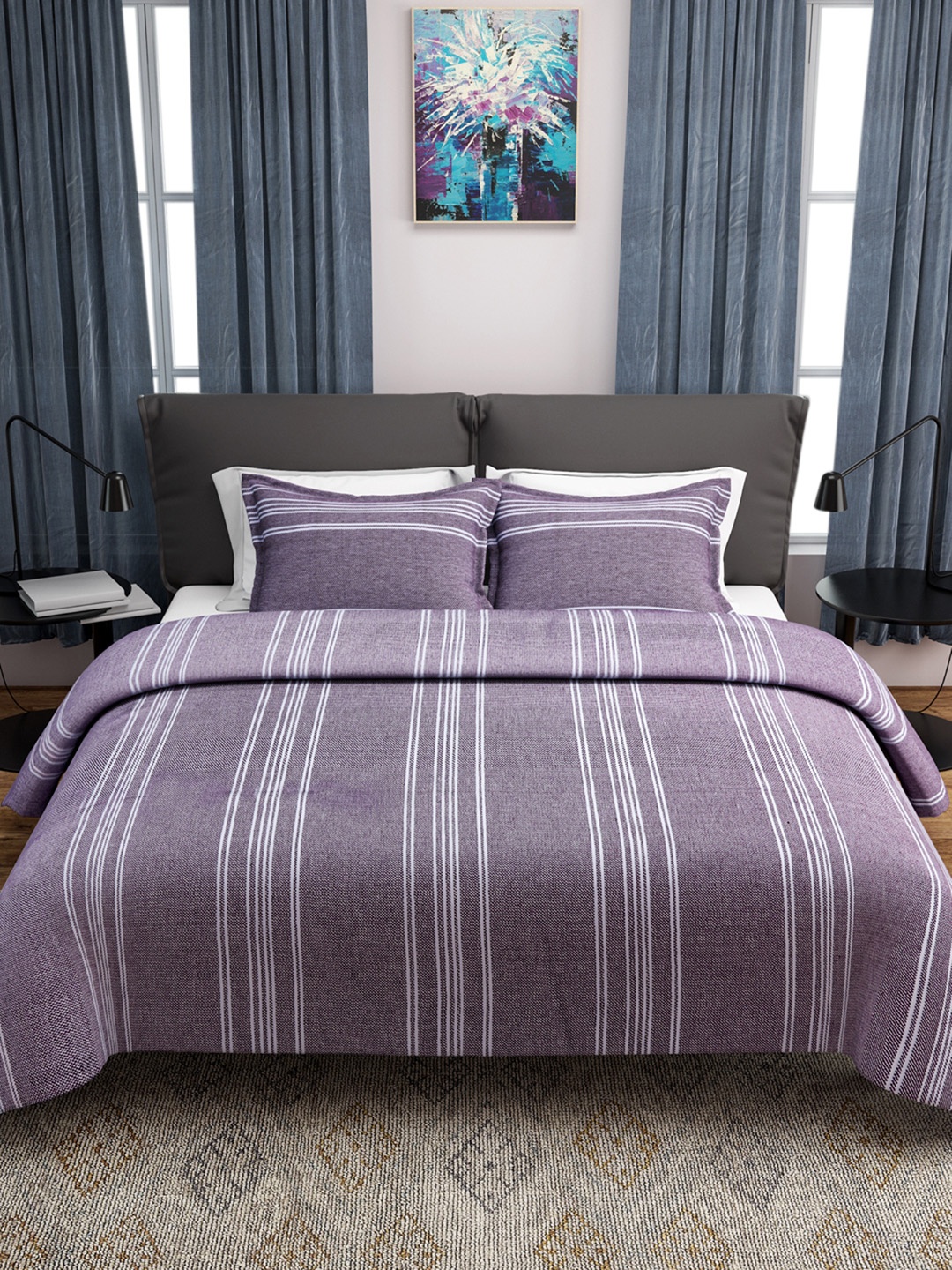 

ROMEE Purple & White Woven Design 150 TC Cotton Bed Cover with 2 Pillow Covers