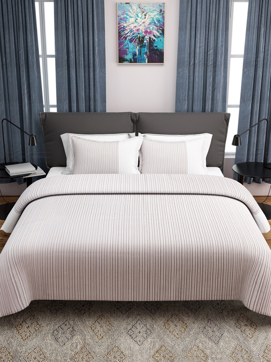 

ROMEE Beige Cotton Striped Double Bed Cover