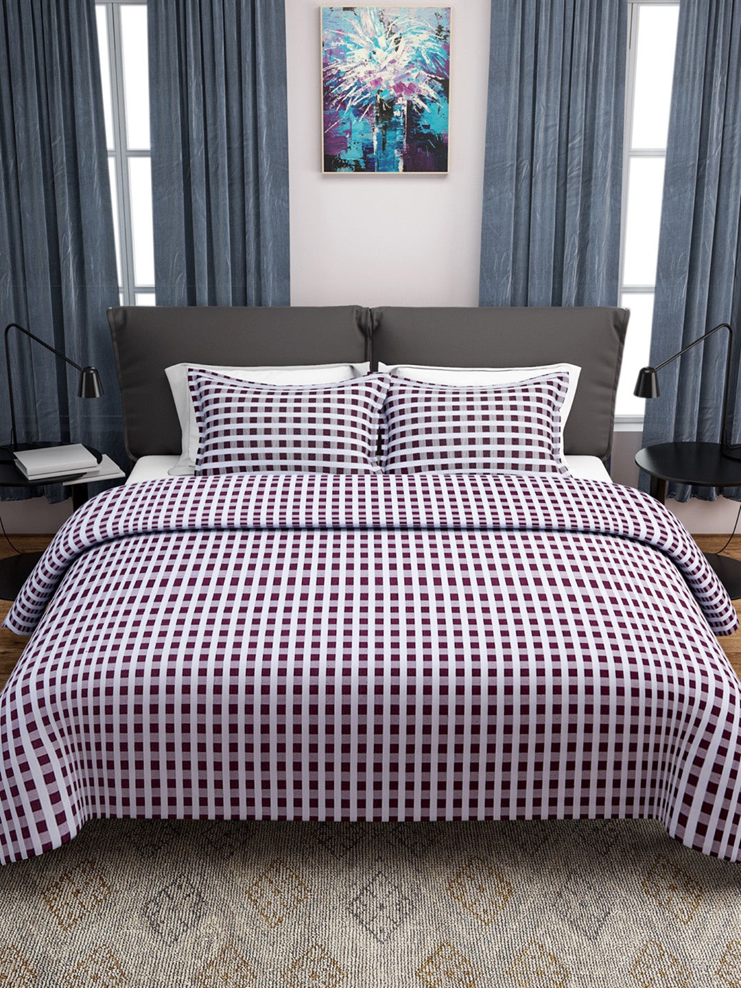 

ROMEE Maroon & White Checked 170 TC Polycotton Bed Cover with 2 Pillow Covers