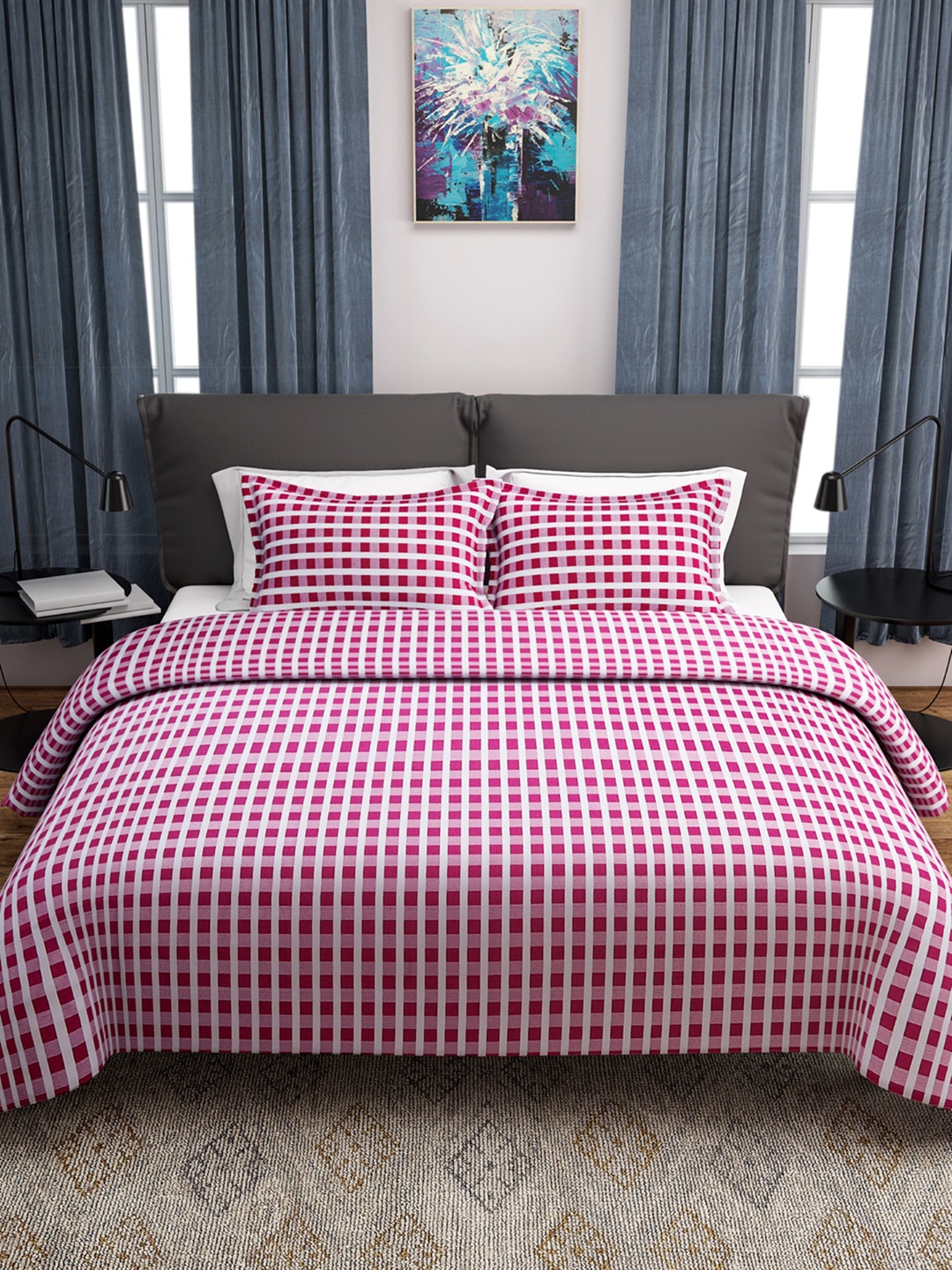 

ROMEE Red & White Checked Double Bed Cover with 2 Pillow Covers