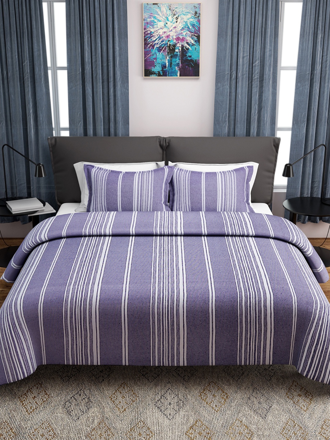 

ROMEE Blue Cotton Striped Double Bed Cover with 2 Pillow Covers