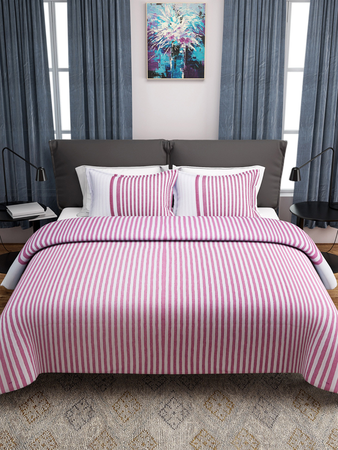 

ROMEE Pink & White Striped 150 TC Cotton Bed Cover with 2 Pillow Covers