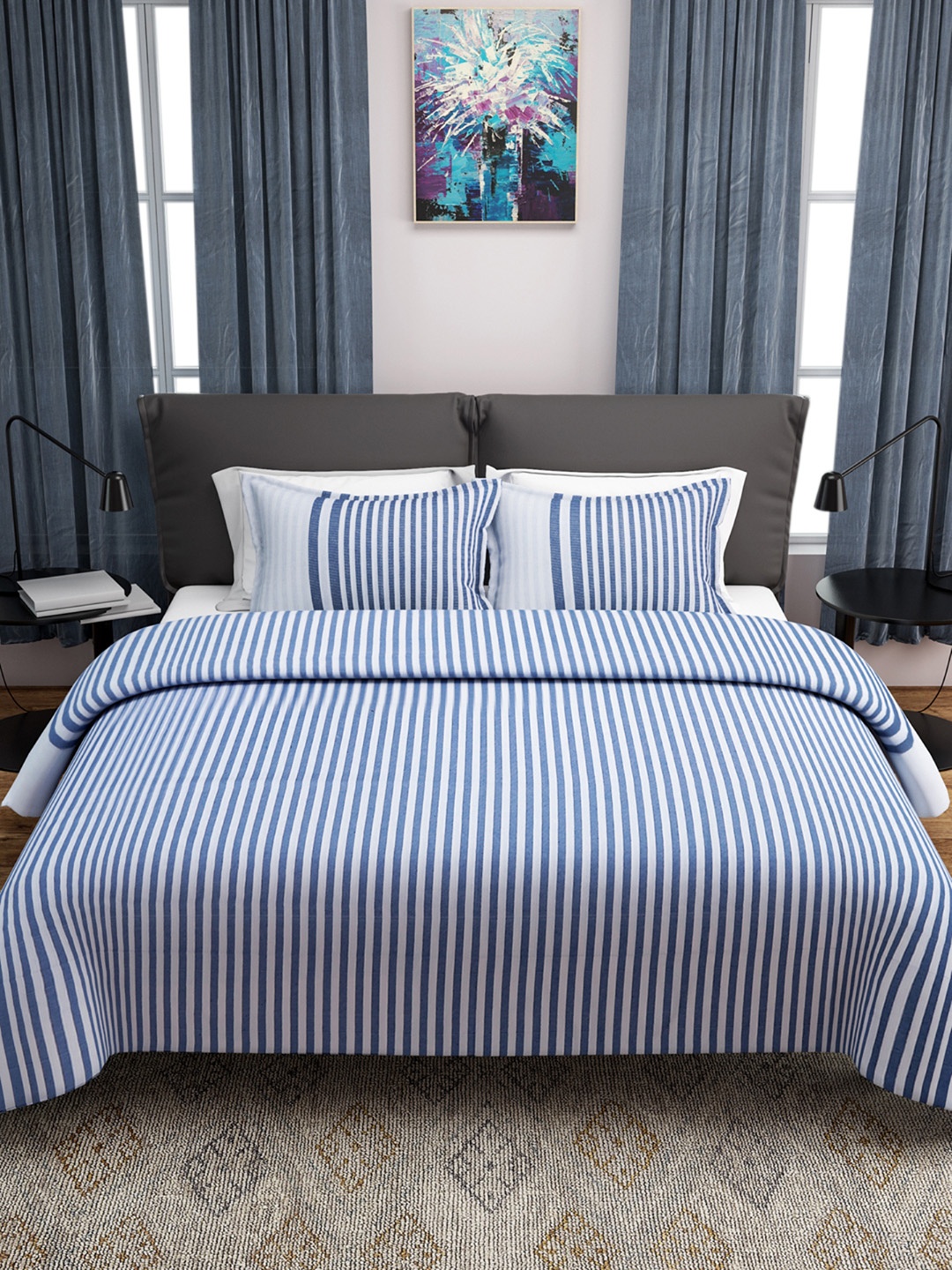 

ROMEE Blue & White Striped Double Bed Cover with 2 Pillow Covers