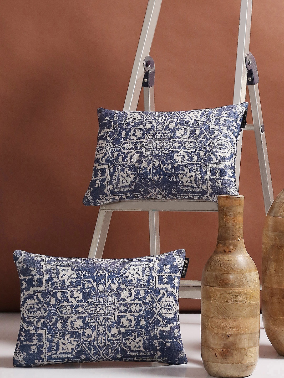 

ROMEE Navy Blue Set of 2 Ethnic Motifs Rectangle Cushion Covers