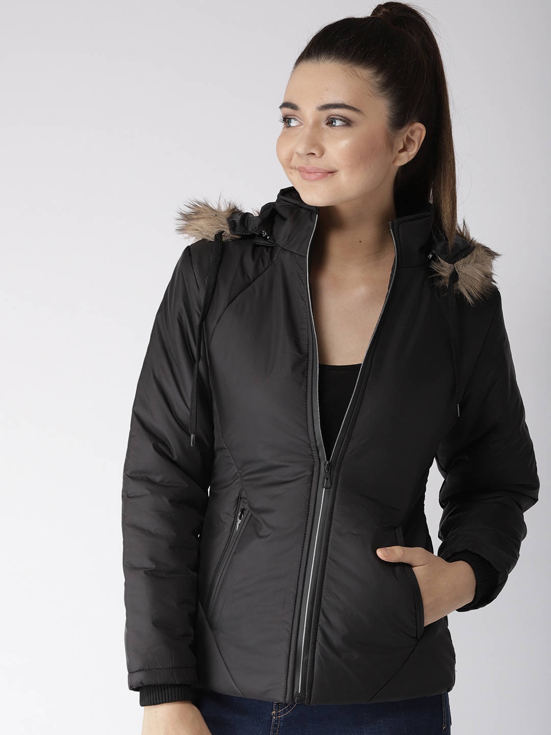 

Foreign Culture By Fort Collins Women Black Solid Parka Jacket with Detachable Hood