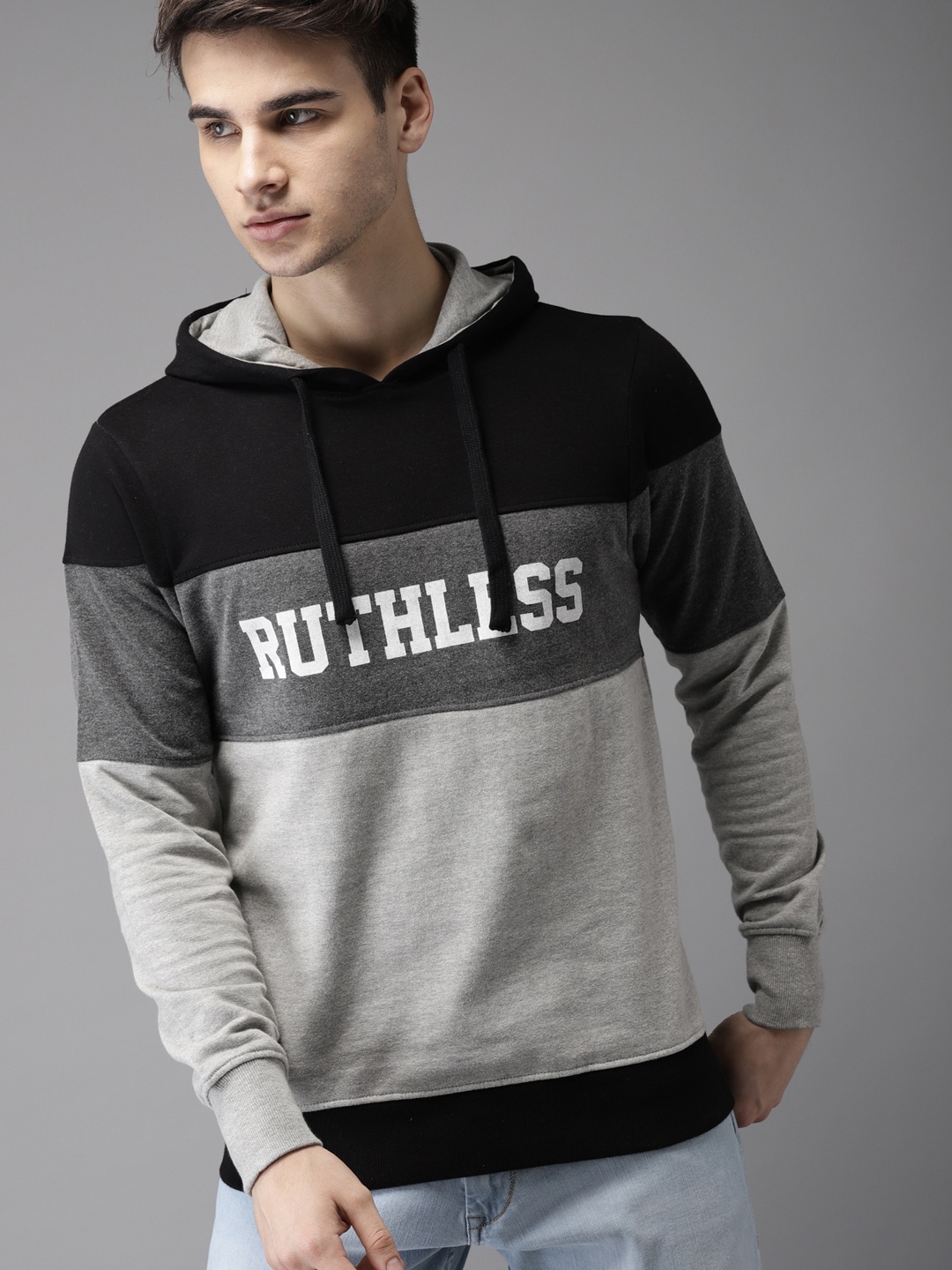 

HERE&NOW Men Grey & Black Colourblocked Hooded Sweatshirt