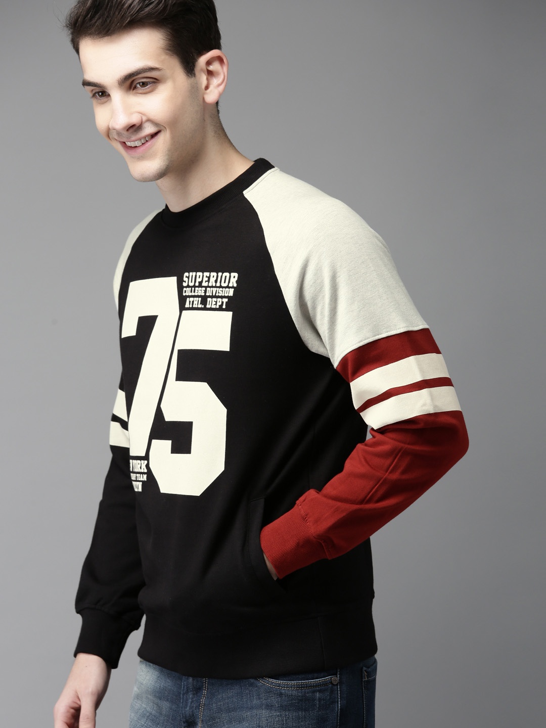 

HERE&NOW Men Black & Off-White Colourblocked Sweatshirt