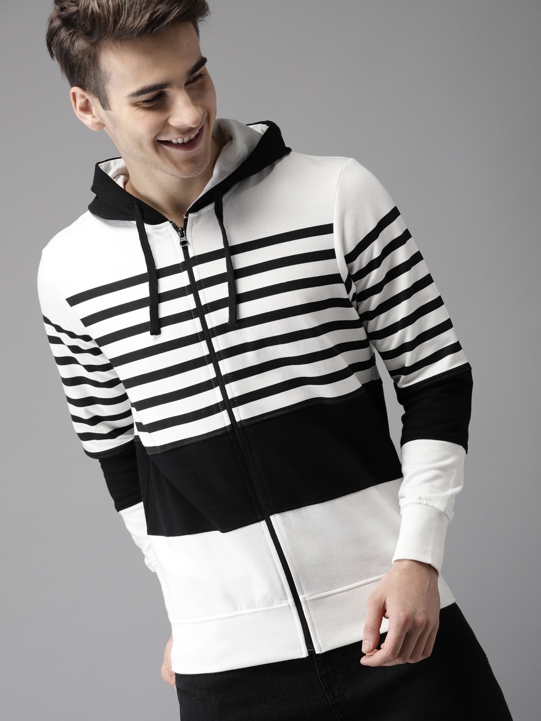 

HERE&NOW Men Black & White Colourblocked Hooded Sweatshirt