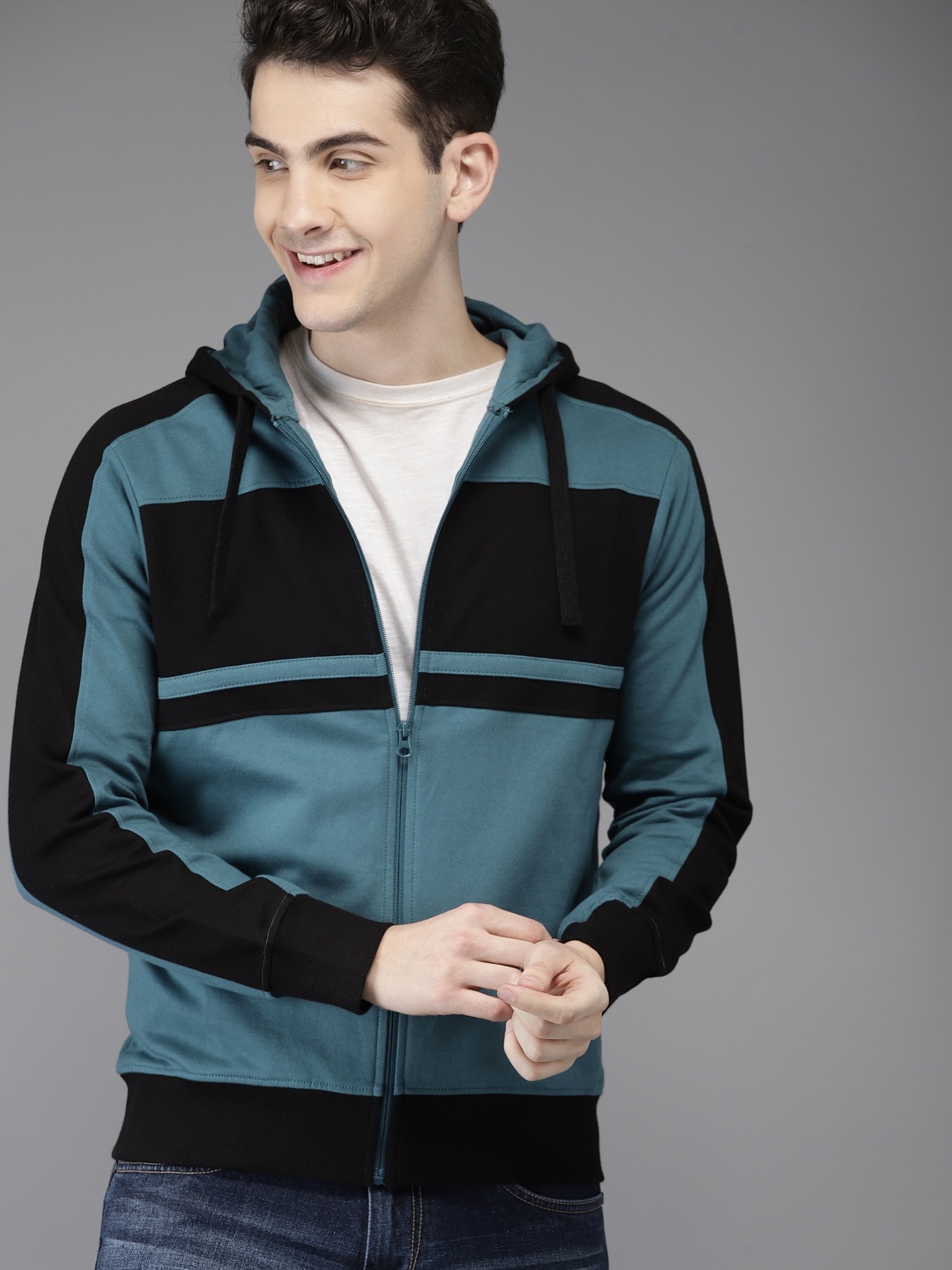 

HERE&NOW Men Teal Blue & Black Colourblocked Hooded Sweatshirt