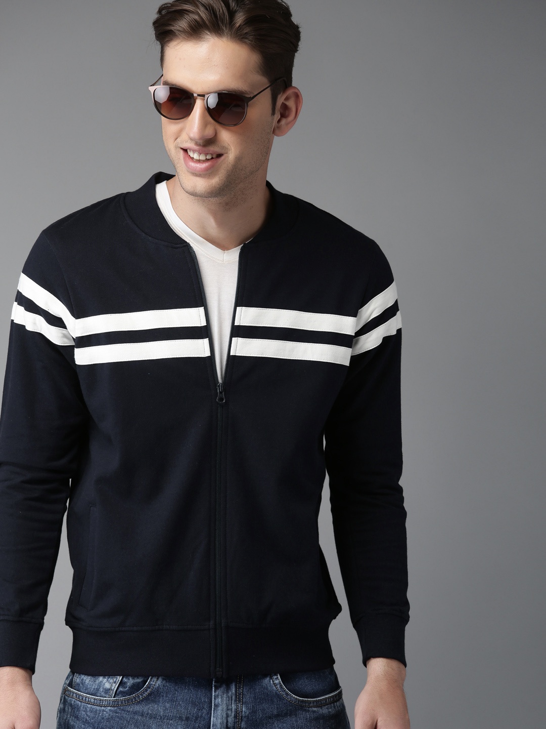 

HERE&NOW Men Navy Blue & White Striped Sweatshirt