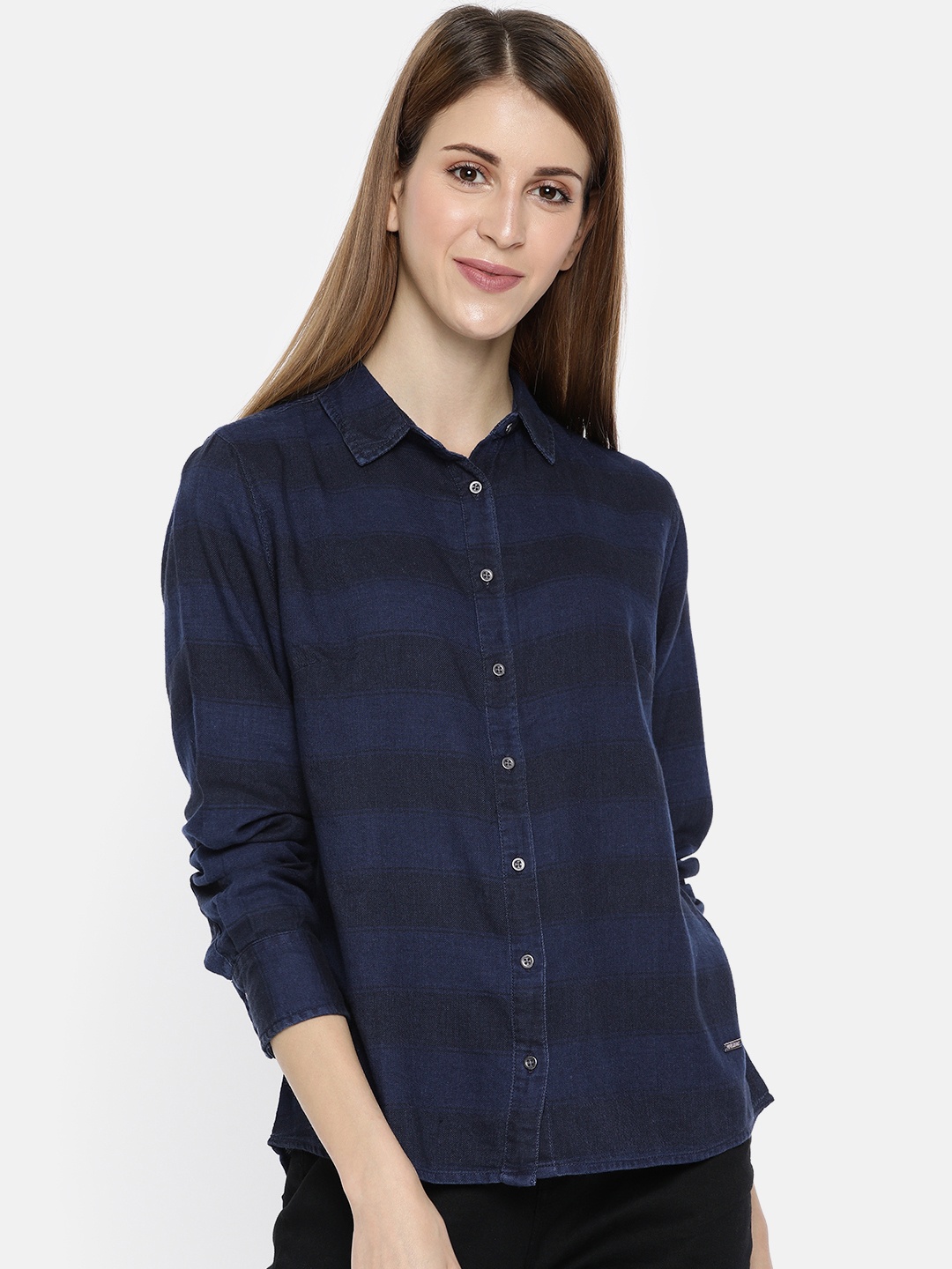 

Pepe Jeans Women Blue Evan Regular Fit Striped Denim Casual Shirt