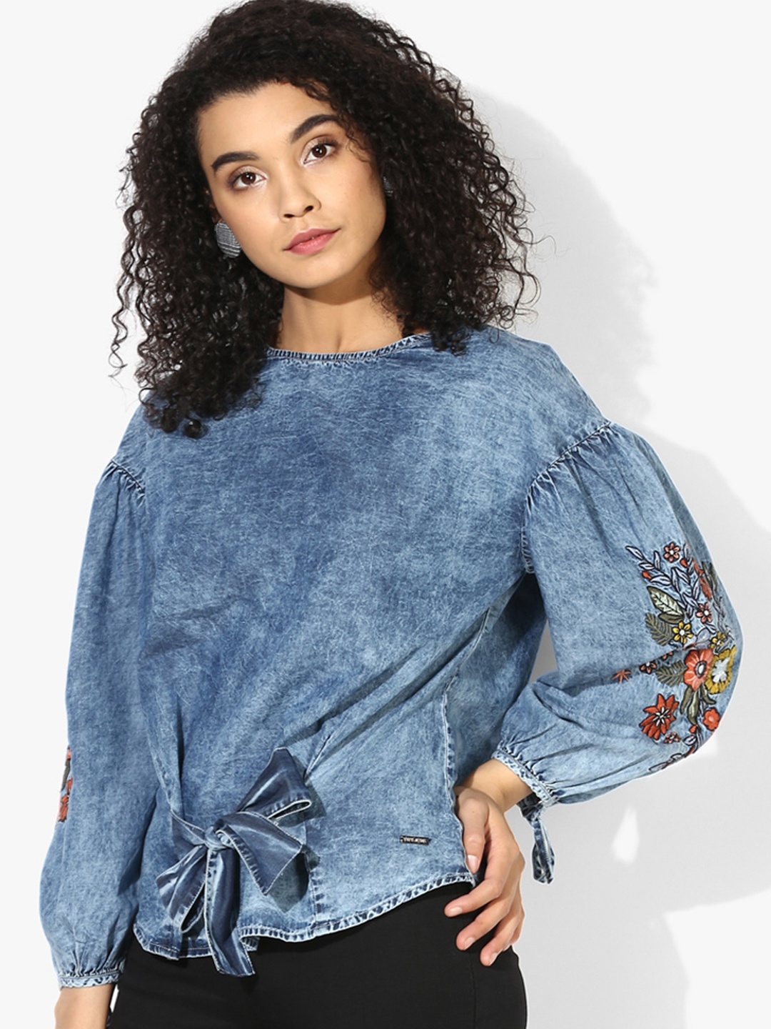

Pepe Jeans Women Navy Blue Solid Denim Pure Cotton Top