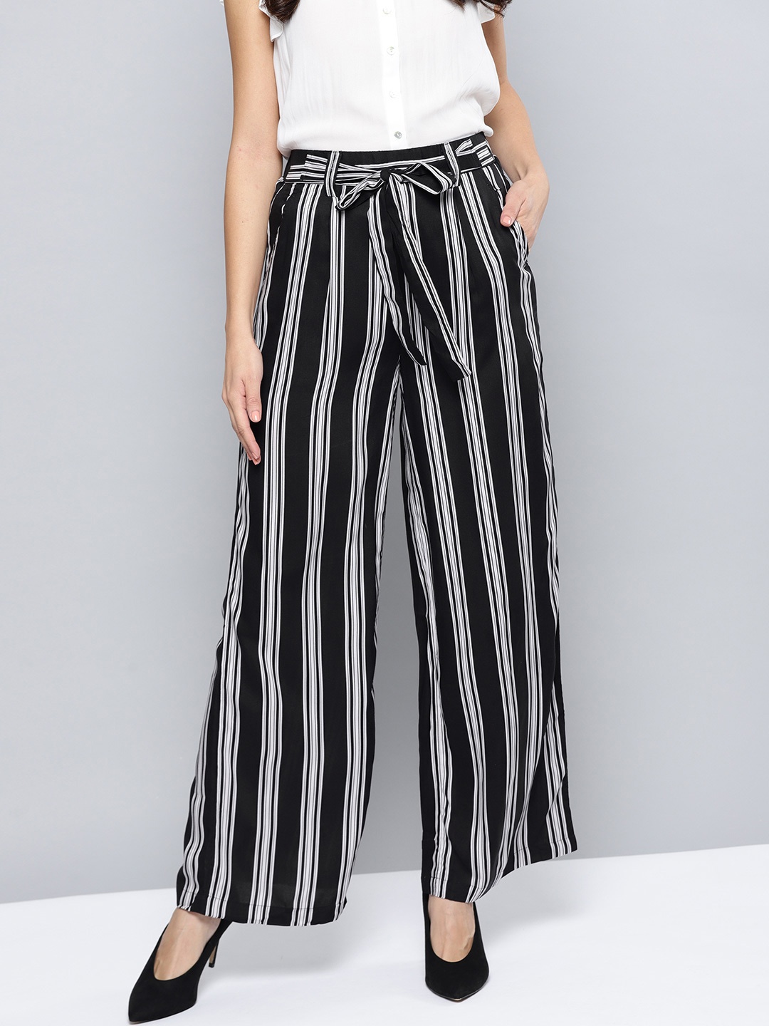 

Harpa Women Black & White Regular Fit Striped Parallel Trousers