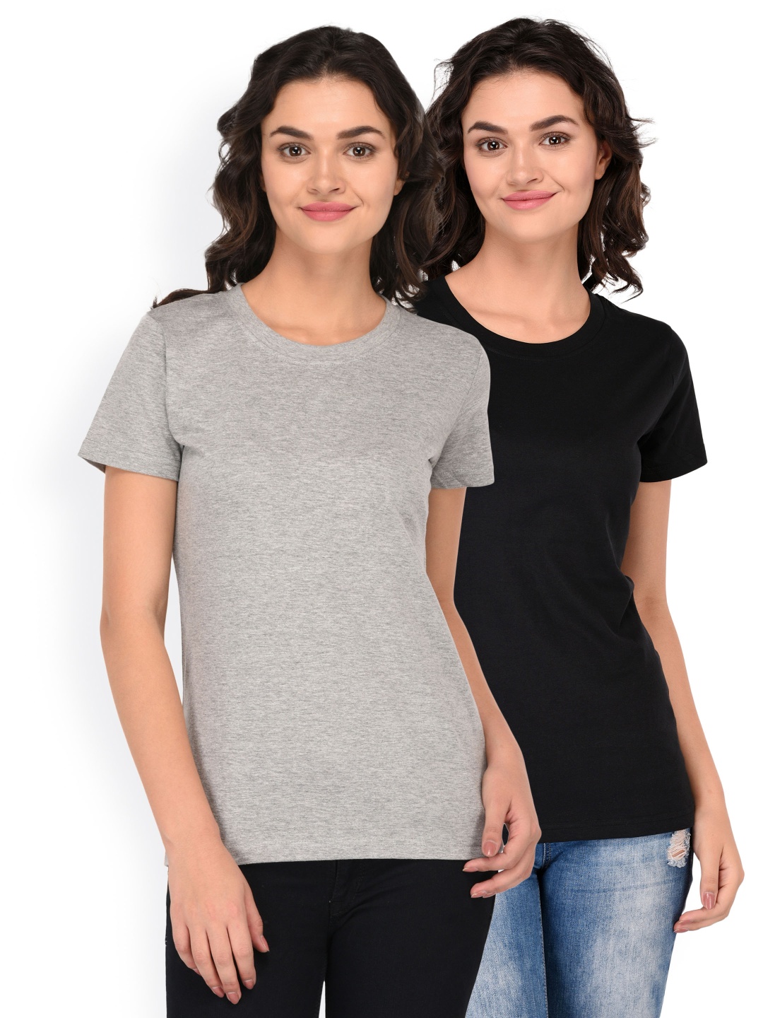 

Espresso Women Set of 2 Grey Melange Black Solid Round Neck Pure Cotton T-shirt