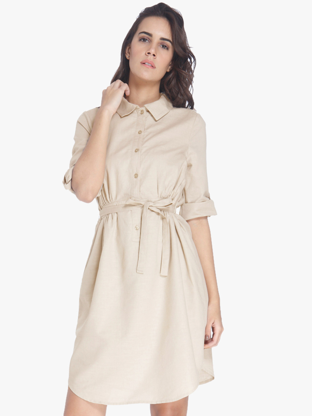 

Vero Moda Off White Cotton Linen Solid Shirt Dress with Belt
