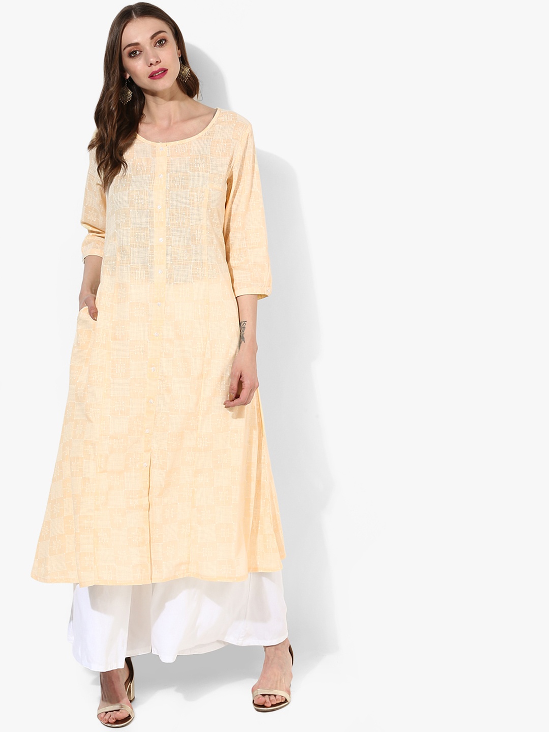 

RANGMANCH BY PANTALOONS Women Yellow & White Geometric Printed A-line Kurta