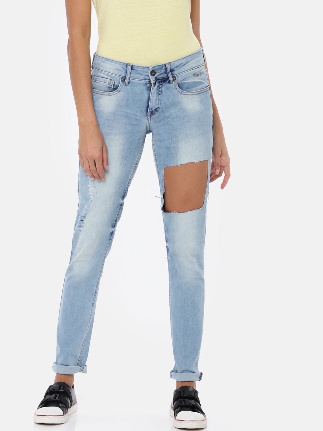 

Pepe Jeans Women Blue Skinny Fit Mid-Rise Highly Distressed Stretchable Jeans