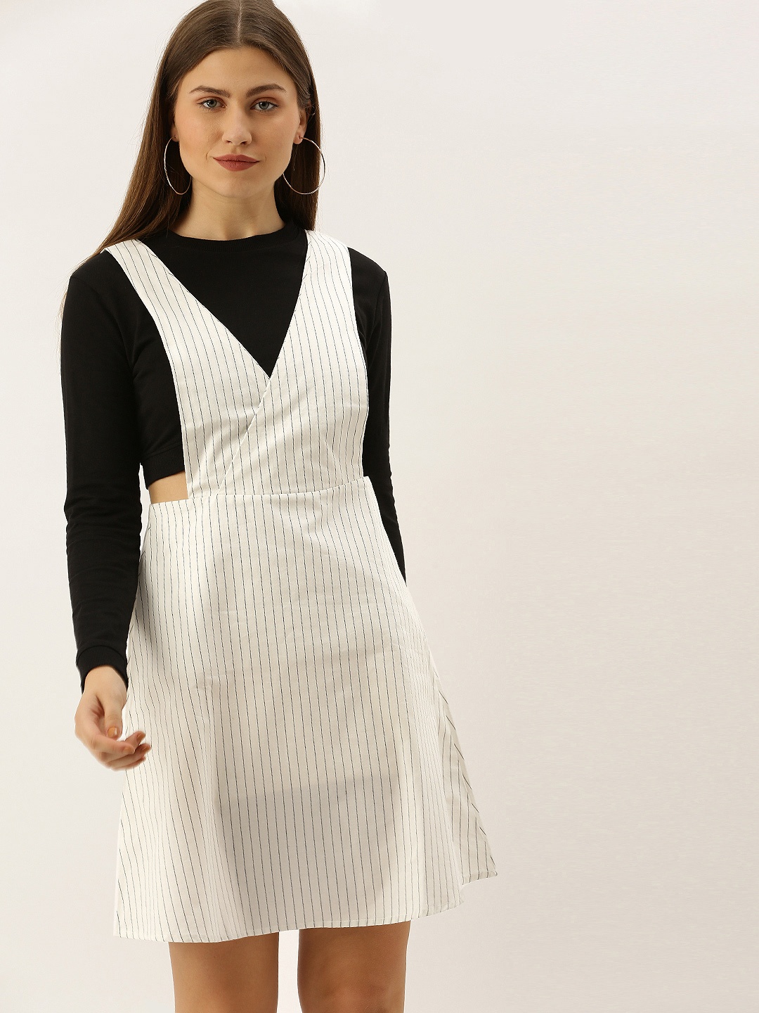 

Honey by Pantaloons Women White & Black Striped Pinafore Dress