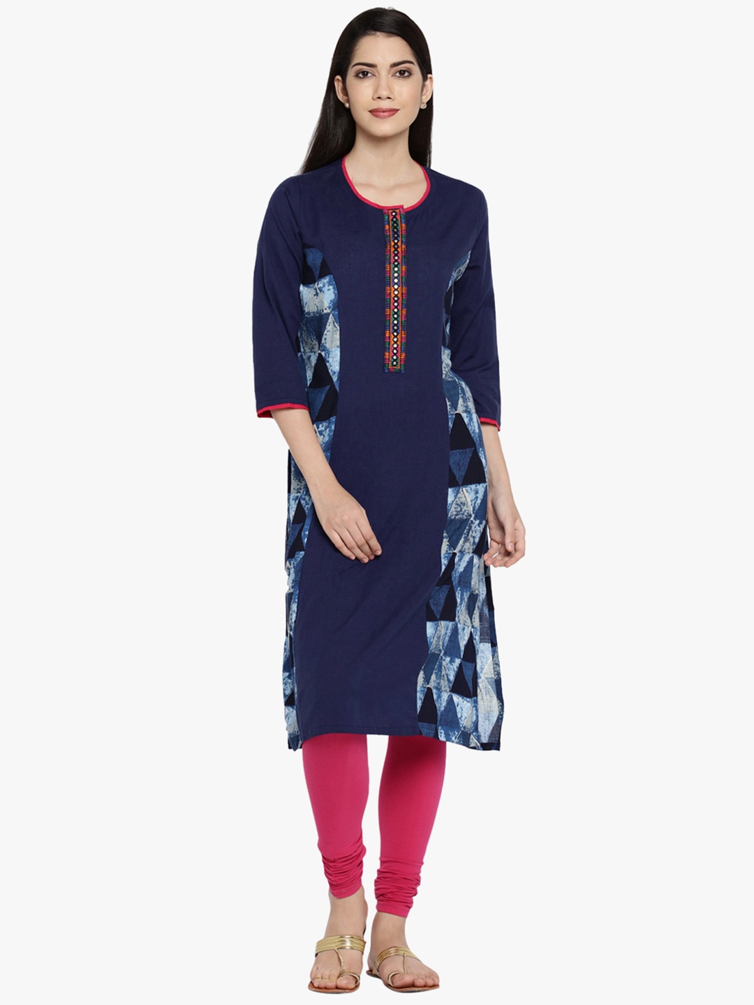 

RANGMANCH BY PANTALOONS Women Navy Blue Cotton Linen Printed Straight Kurta