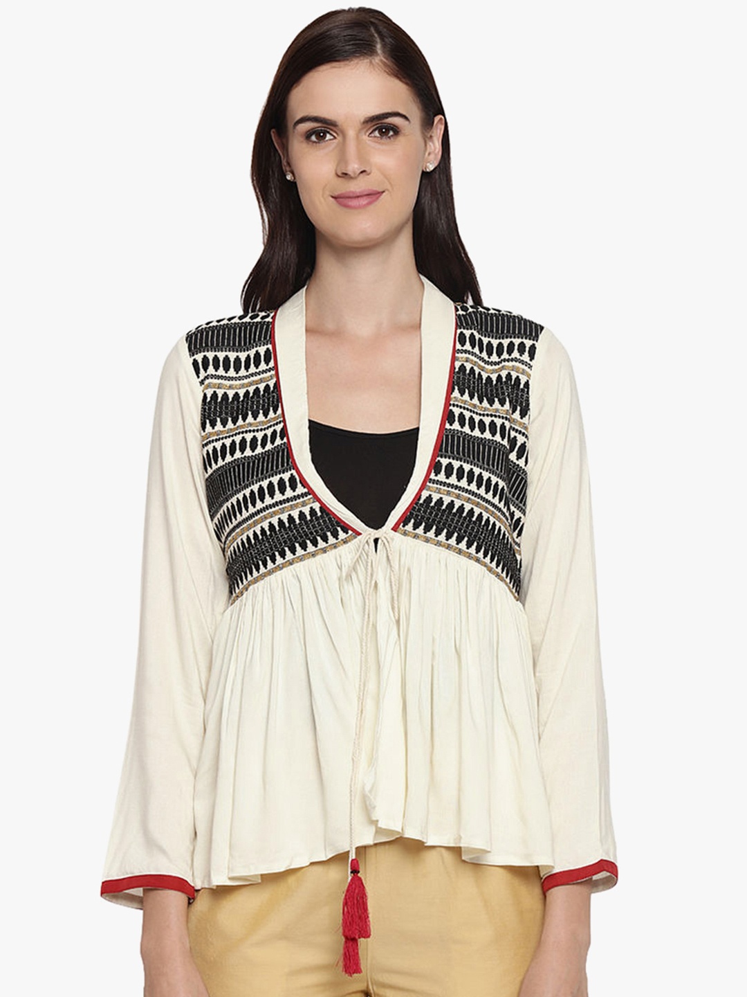 

AKKRITI BY PANTALOONS Women Off White & Black Embroidered Tie-Up Shrug