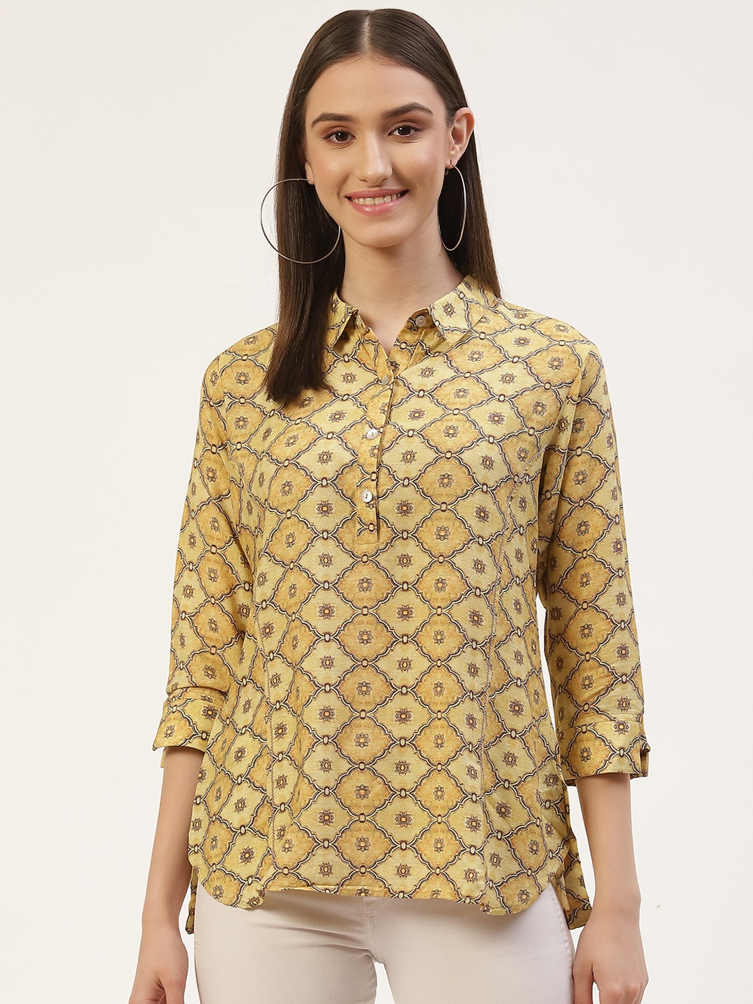 

Monte Carlo Yellow & Blue Geometric Print Shirt Style Top