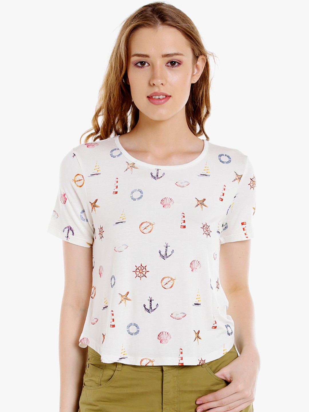 

SPYKAR Women Off-White Printed Round Neck T-shirt