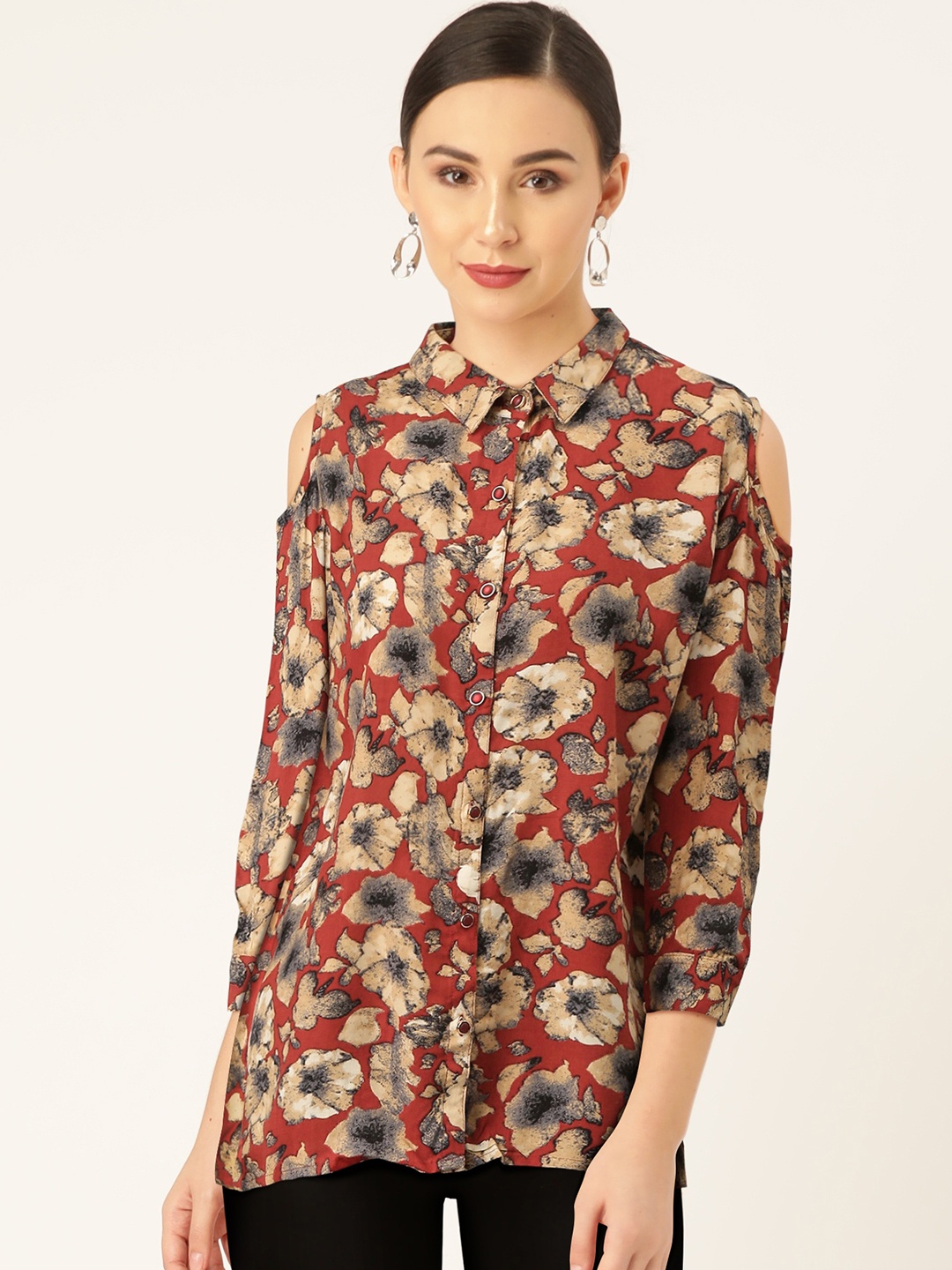 

Monte Carlo Women Maroon & Beige Floral Print Cold-Shoulder Casual Shirt