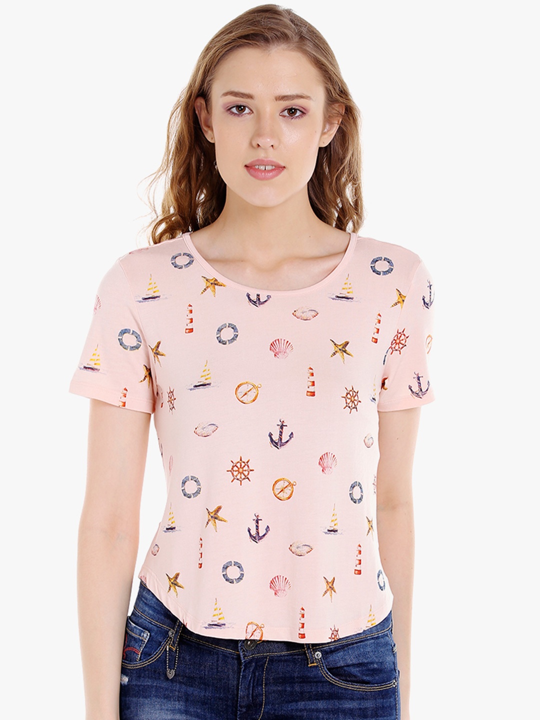 

SPYKAR Women Peach-Coloured Printed Round Neck T-shirt