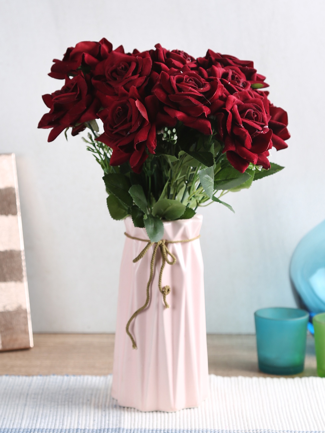 

Fourwalls Set of 2 Maroon Large Blooming Artificial Velvet Rose Bouquet