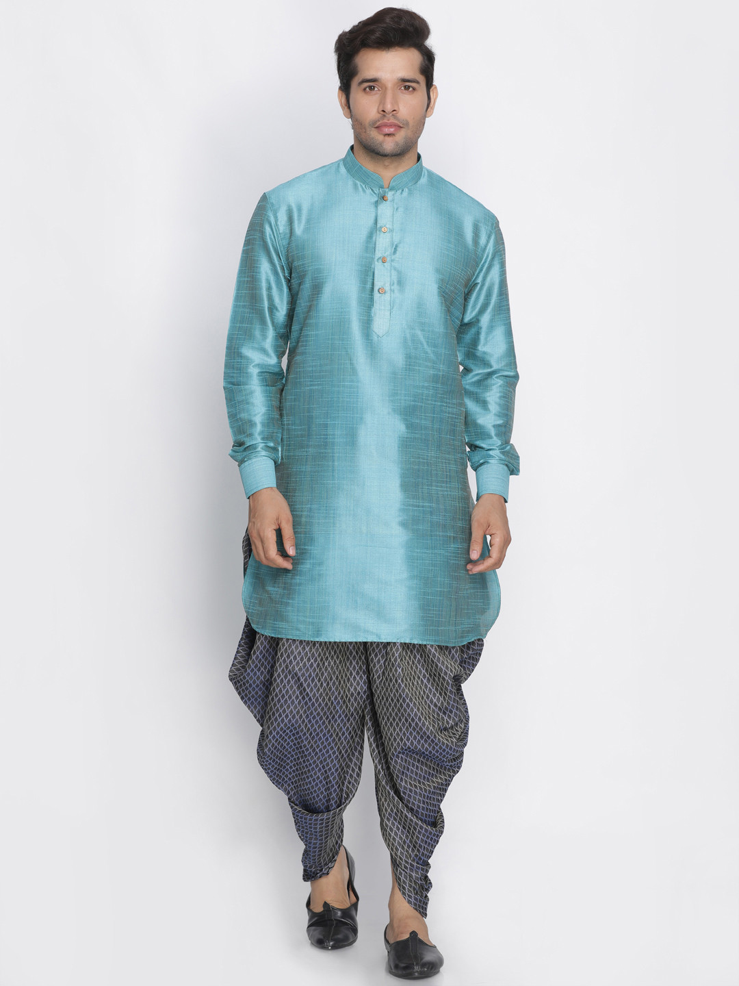 

VASTRAMAY Men Blue & Navy Blue Solid Kurta with Dhoti Pants