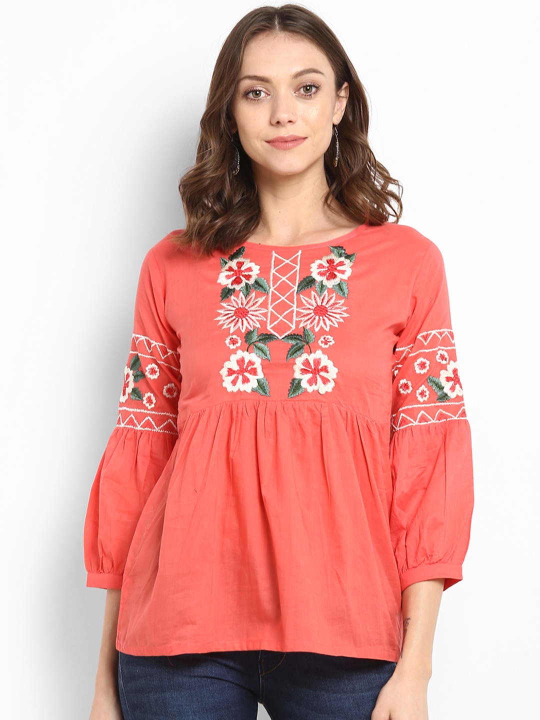 

Bhama Couture Women Peach-Coloured Embellished Empire Top