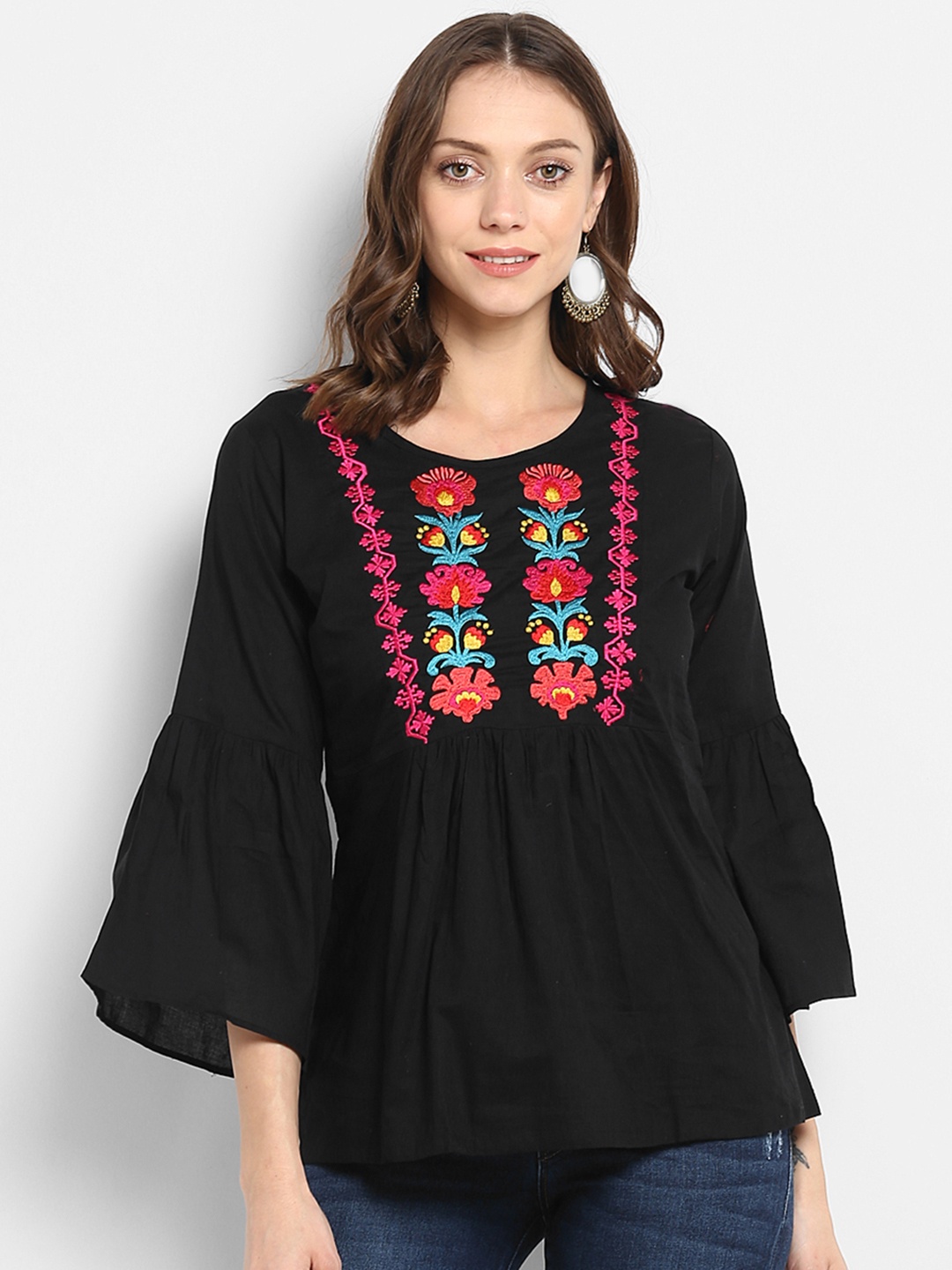 

Bhama Couture Women Black Embroidered A-Line Pure Cotton Top