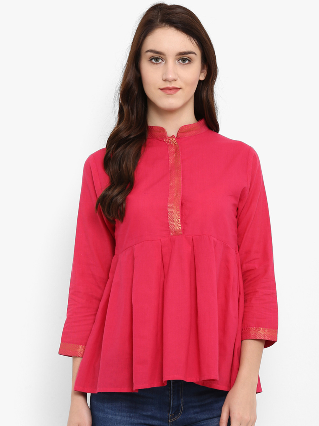 

Bhama Couture Women Pink Solid Mangalgiri Cotton Handloom A-Line Top