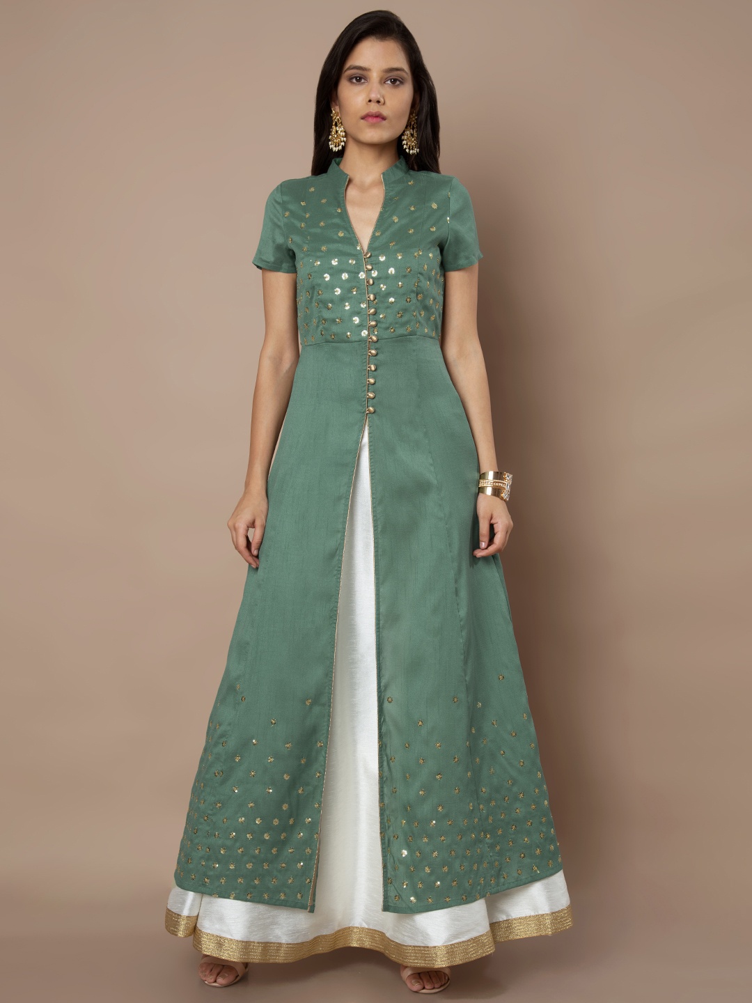 

INDYA Women Green & White Embellished A-Line Kurta