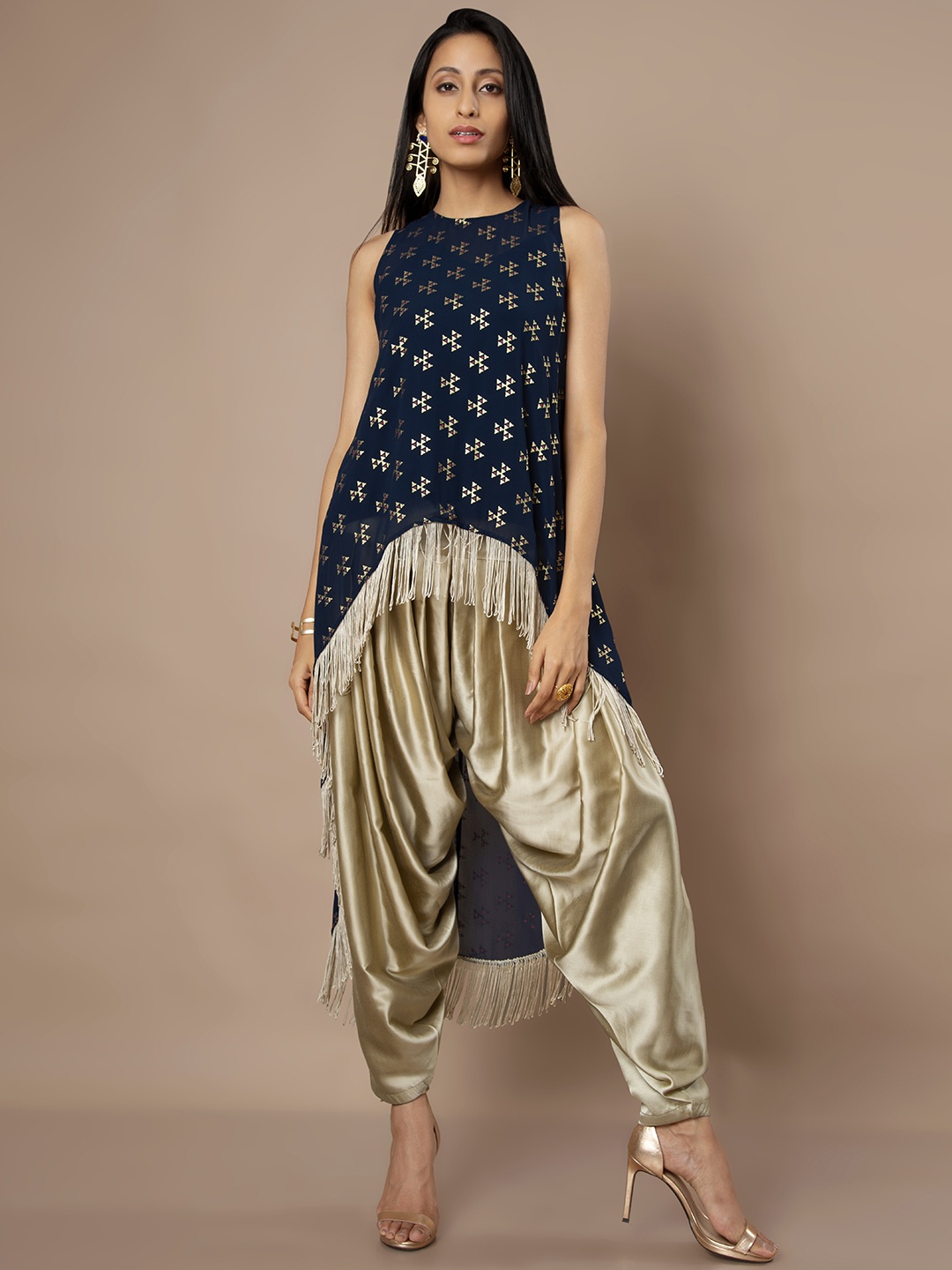 

INDYA Women Navy Blue & Golden-Coloured Printed A-Line Kurta