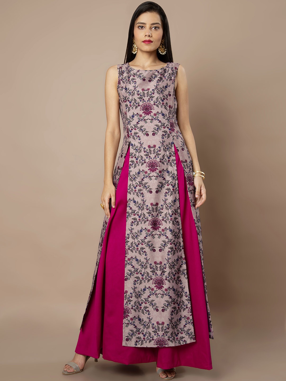 

INDYA Women Purple & Grey Printed A-Line Kurta